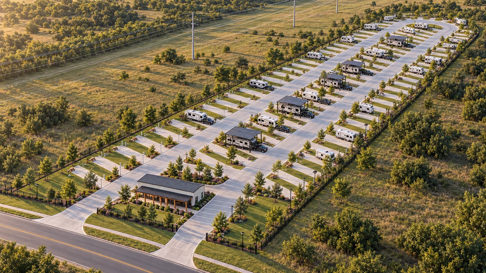 Illustrative aerial rendering of Marti Drive Fort Worth RV Park, showing an elongated loop road and a mix of open and covered sites